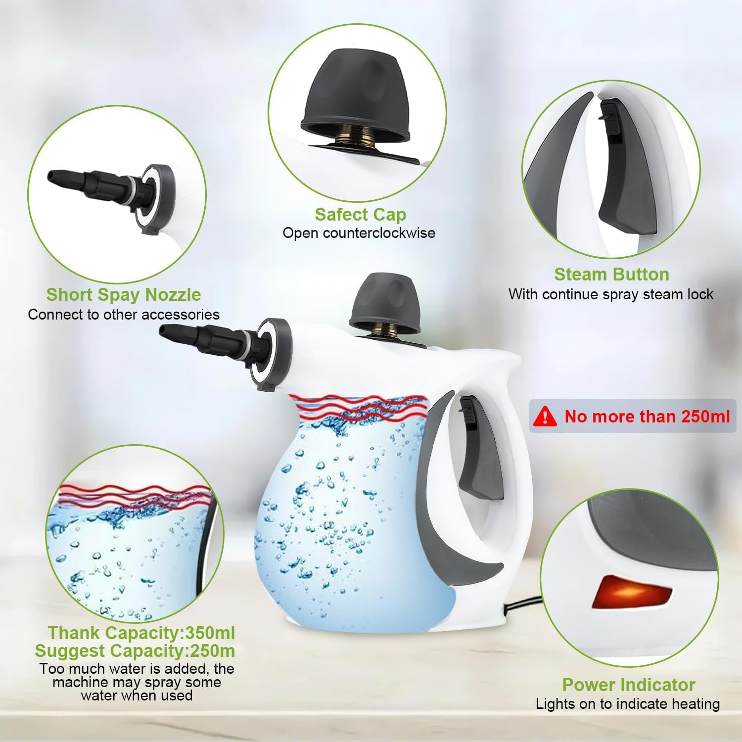 Handheld Steam Cleaner, Multi-Purpose High-Pressure Steam Cleaner, 9-Piece Accessory Set for Home, Kitchen, Upholstery & Car Detailing, Steamer for Cleaning, Fast Heating image number 4