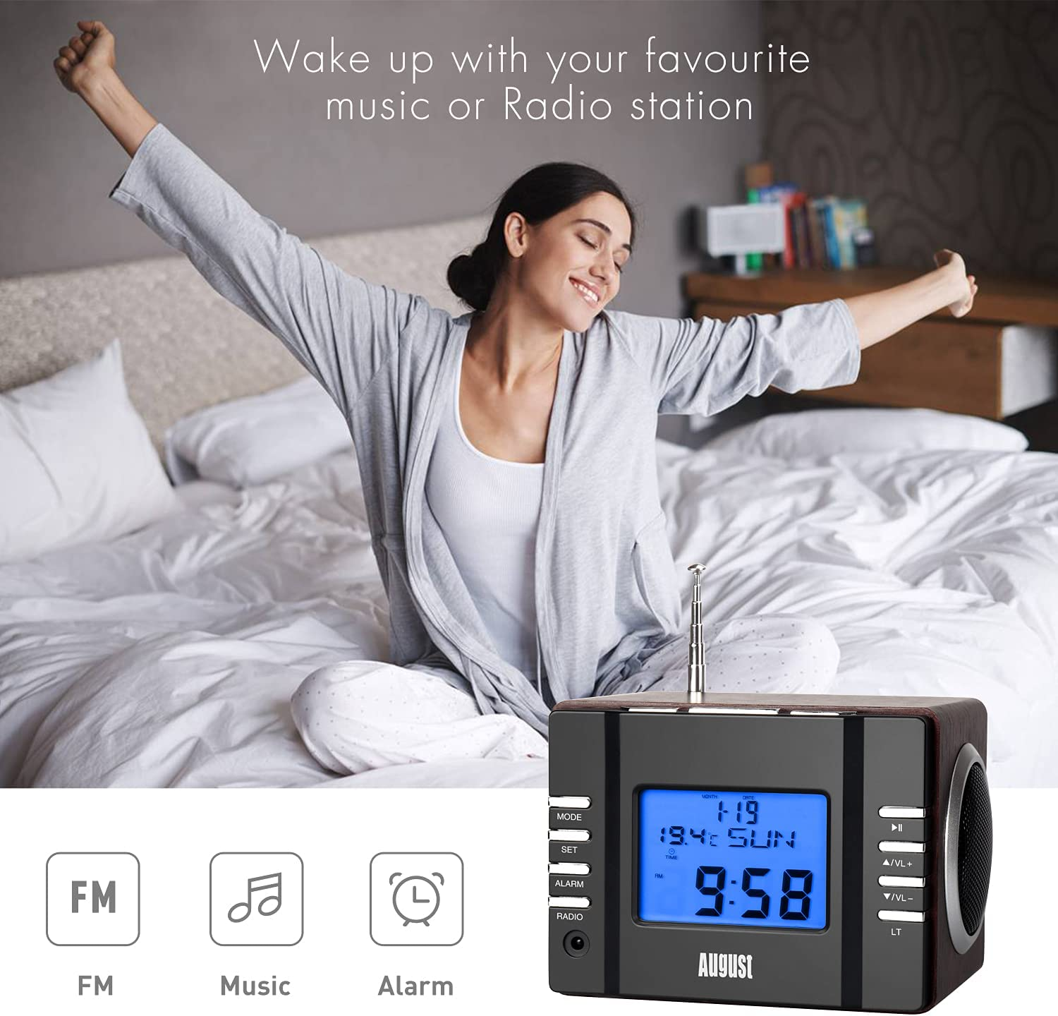 Clock Radio with MP3 Alarm - August MB300 - Wake to Your Favourite Music from USB and SD or FM Station - Rechargeable Portable Speaker with Remote Control [Dark Wood]