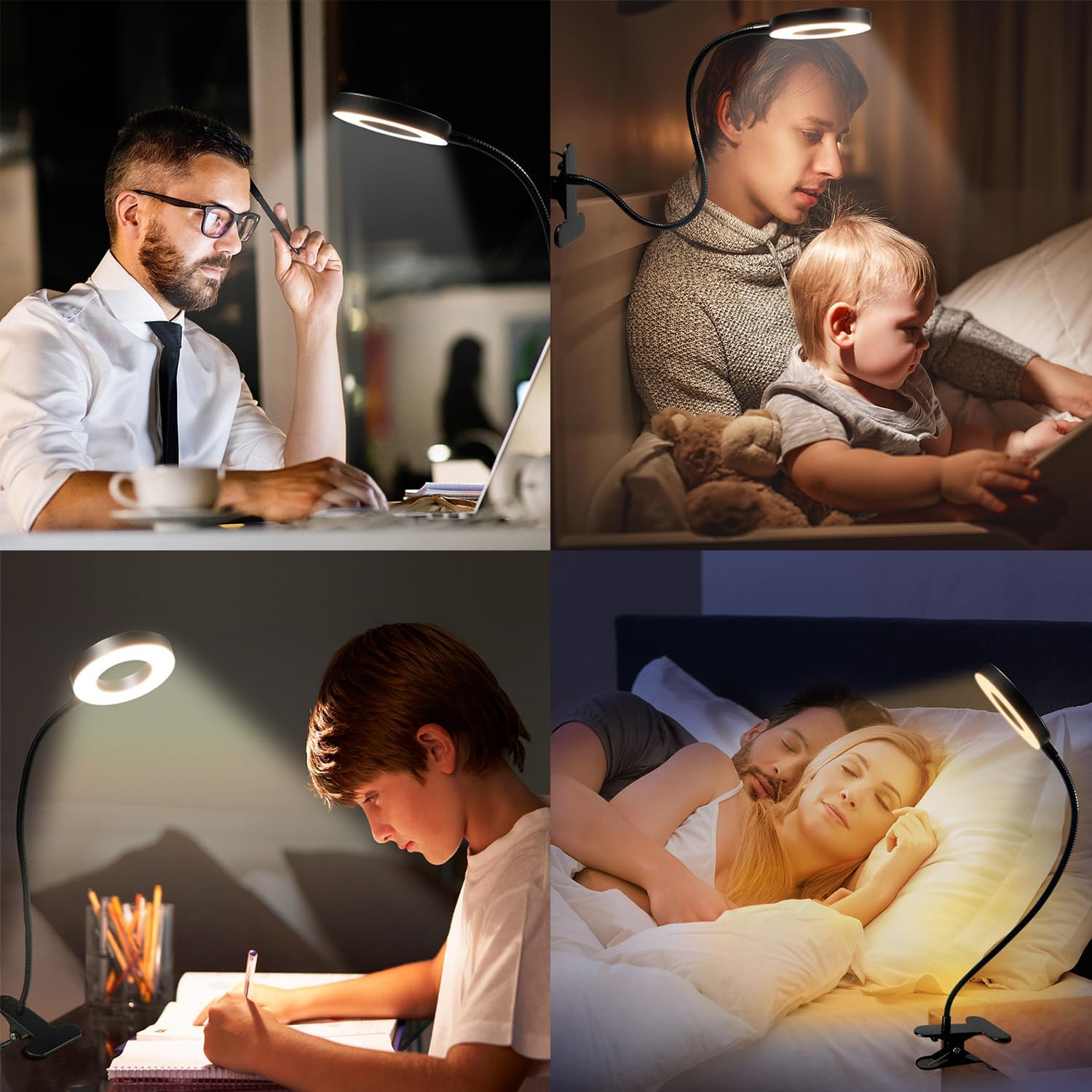 Clip on Desk Lamp, Clip on Light Reading Lights, 48 LED USB Desk Lamp with 3 Color Modes 10 Brightness, Clip Light Eye Protection Reading Lights, 360 &deg; Flexible Gooseneck Clamp Lamp for Work Study image number 1