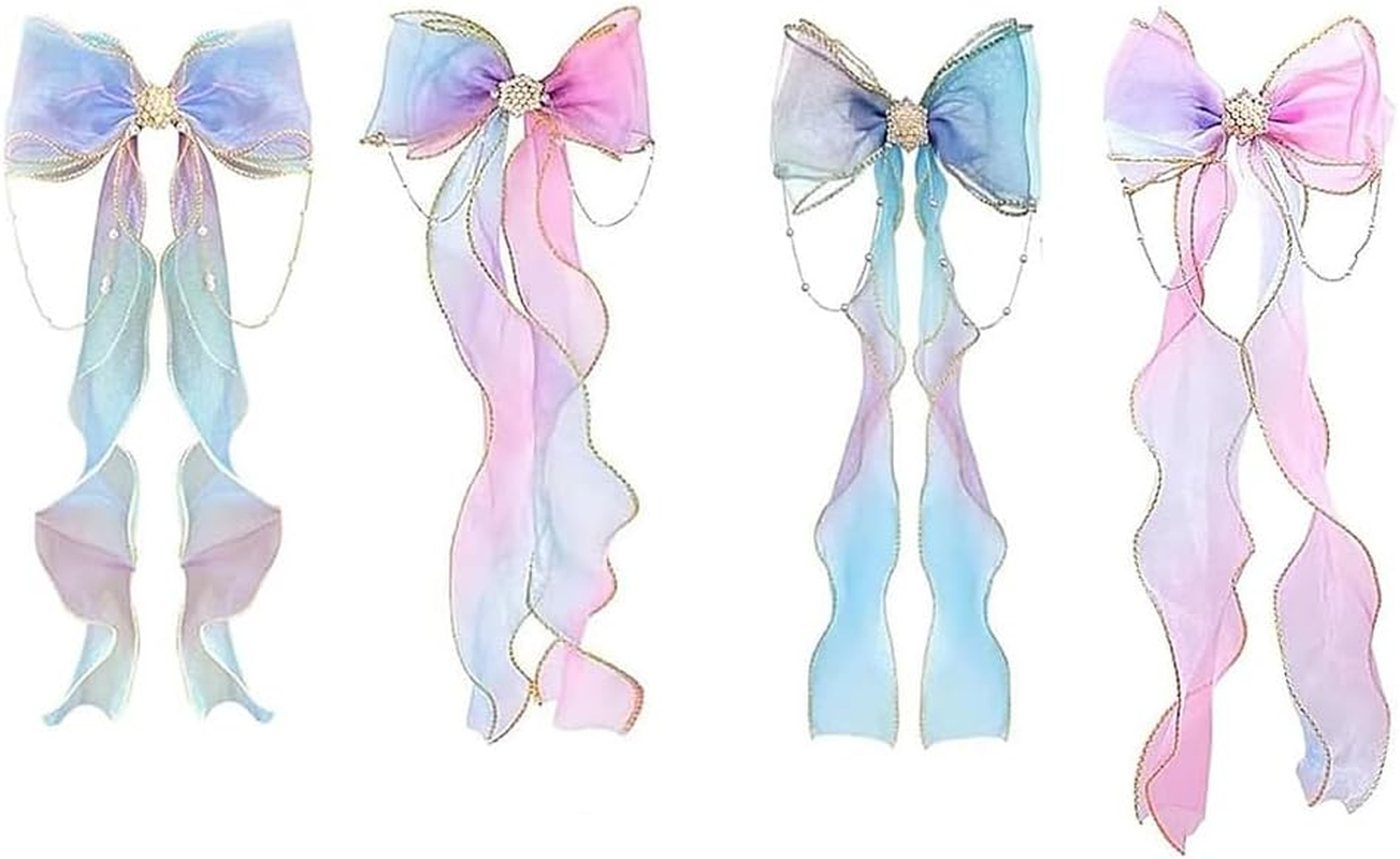 Gorise 4 Pieces Colorful Hair Bows Ribbons Colorful Butterfly Long Ribbons Accessories Alligator Clips for Girls Women Gifts for Wedding Birthday Party image number 4