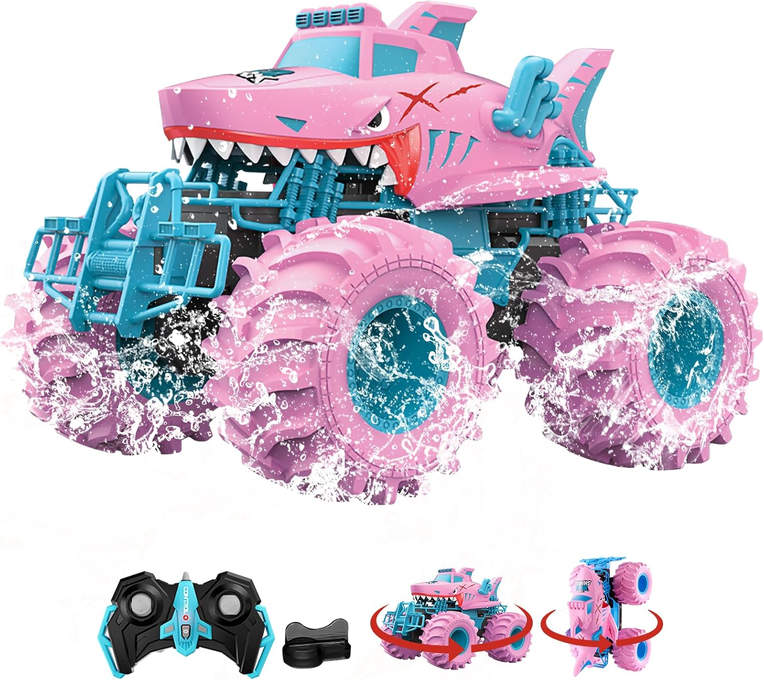 Pink Shark Waterproof RC Monster Truck Toys - Amphibious Remote Control Car 4WD All-Terrain Vehicle Toy for Girls Ages 4-12, Durable Off-Road Fun for Kids, Indoor & Outdoor Play image number 6