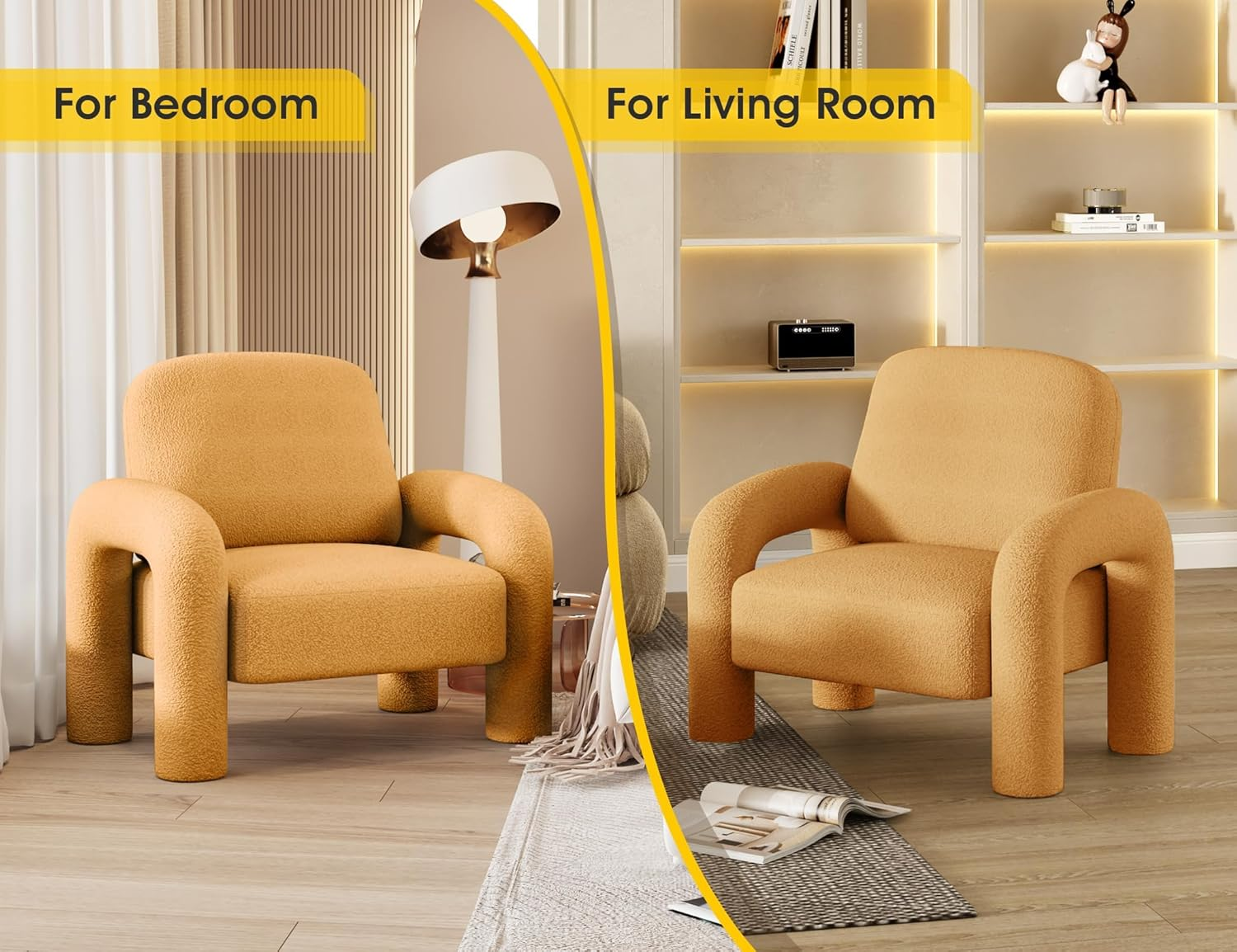 Modern Sherpa Accent Chair, Teddy Upholstered Arm Single Sofa, Cozy Fluffy Reading Chair for Living Room, Bedrooms, Corner (Yellow) - Orange image number 4