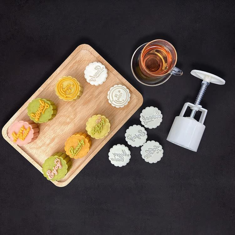 Mooncake Mold with 6 Stamps,Mid-Autumn Festival Hand-Pressure Flower Moon Cake Mould 50G DIY Decoration Mooncake Press Molds (Word) image number 2