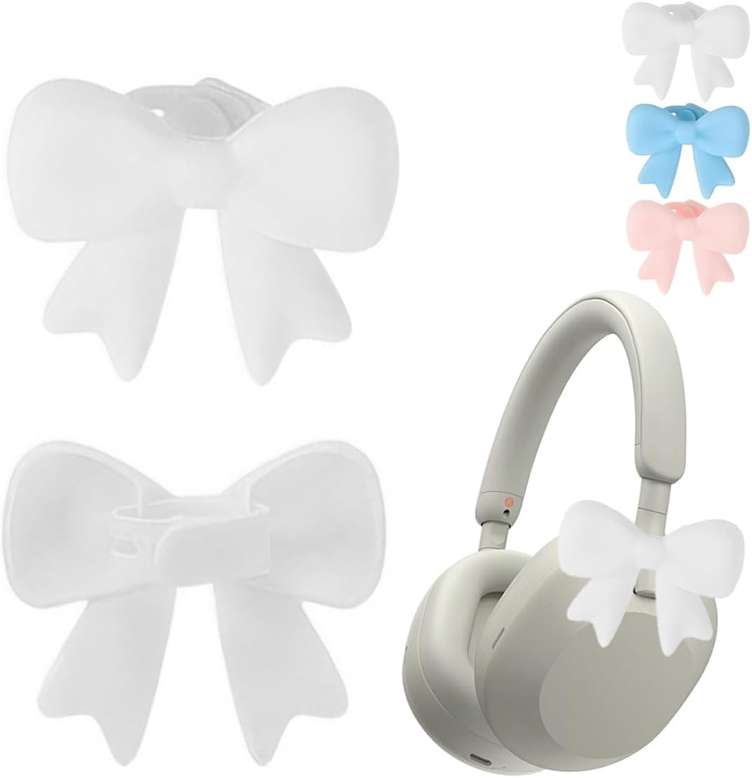 Bow Headphone Accessories, 2 Pack Cute 3D Silicone Bows for Headsets, Clip-On Decoration for Gaming Headphones, Streamer and Gamer Women (White)