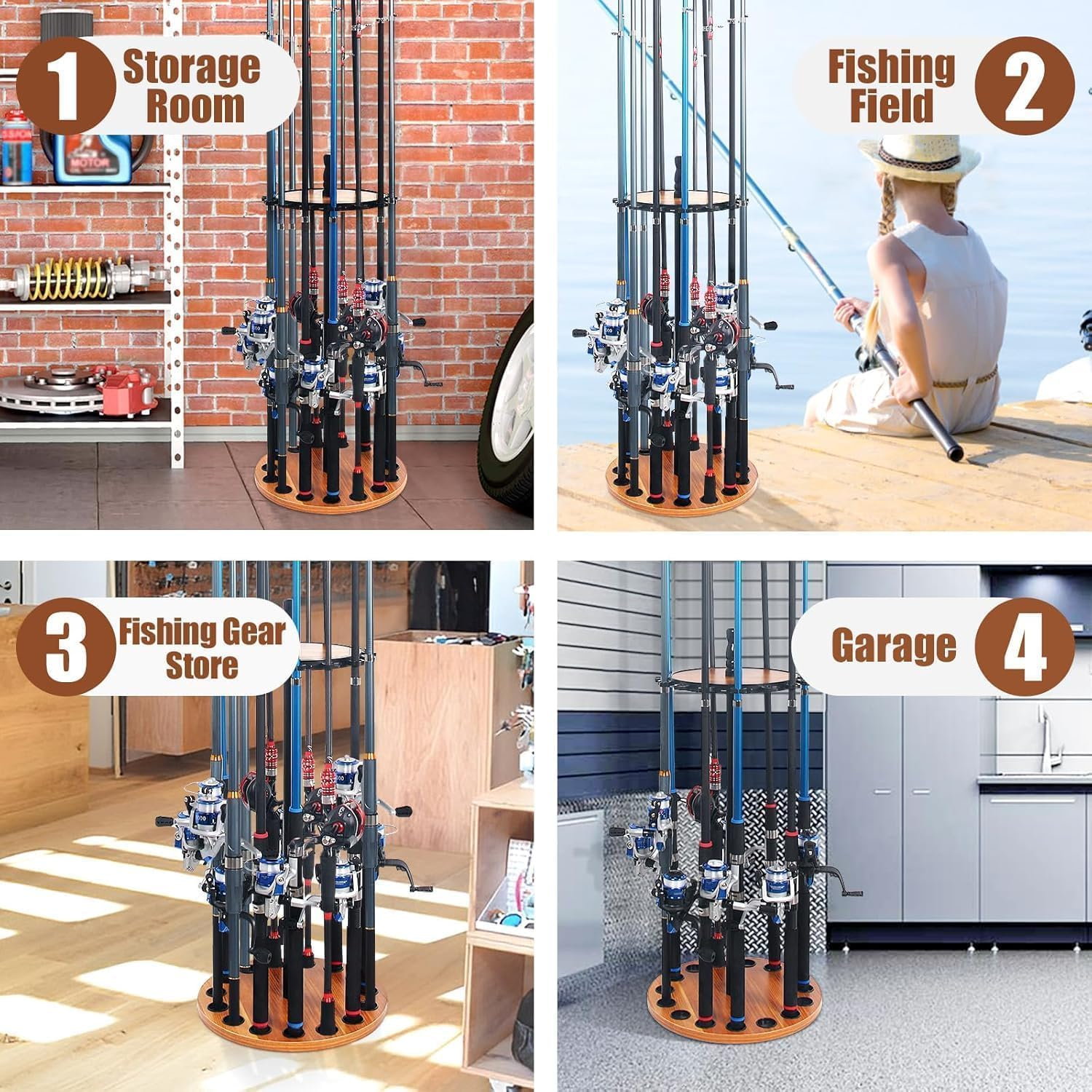 Homodoskey Fishing Rod Rack 15 round Spinning Holds up to 15 Fishing Rods Combos Space-Saving Fishing Rod Storage Holders for Garage No Tool Assembly Wood image number 5