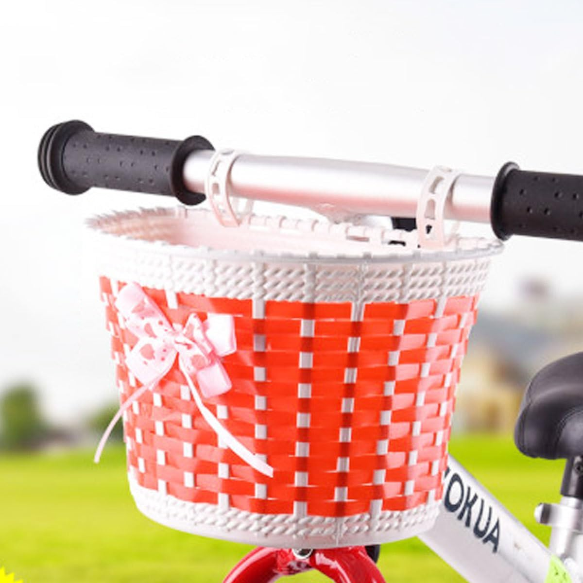 Small Red Scooter Basket with Bow Knot and Random Color Bell | Handmade Plastic Handlebar Basket for Kids Bikes and Scooters