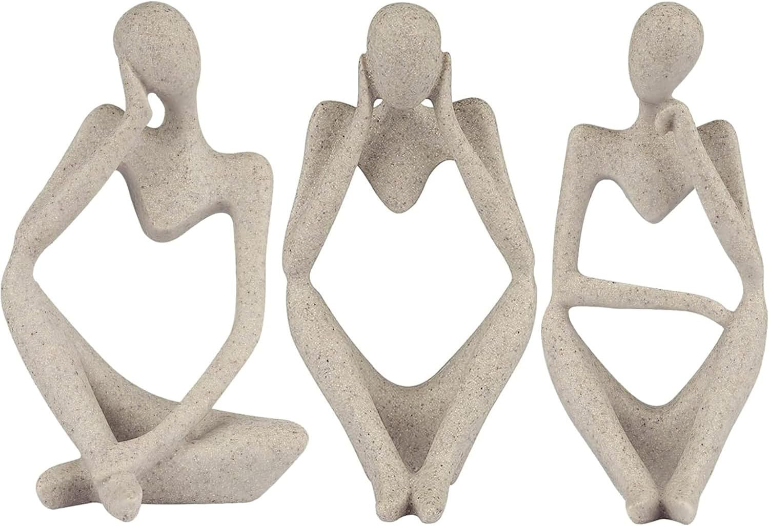 Decor Thinker Statue Abstract Art Sculpture, FJS Set of 3 Golden Resin Collectible Figurines for Home Living Room Office Shelf Decoration (Sandstone) image number 6