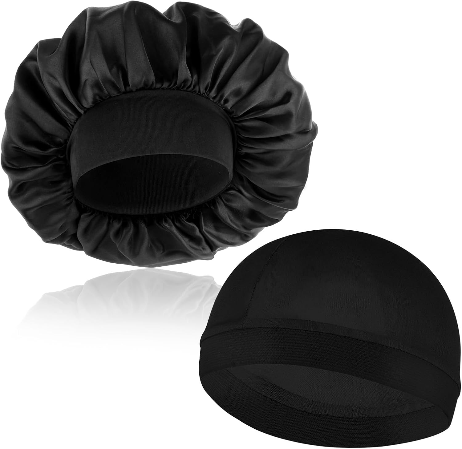 Wanmu Silk Bonnet with Wave Caps, Soft Satin Hair Bonnets & Compression Cap, Elastic Band Sleep Hat for Sleeping Men Women Natural Curly Hair (Black) image number 2