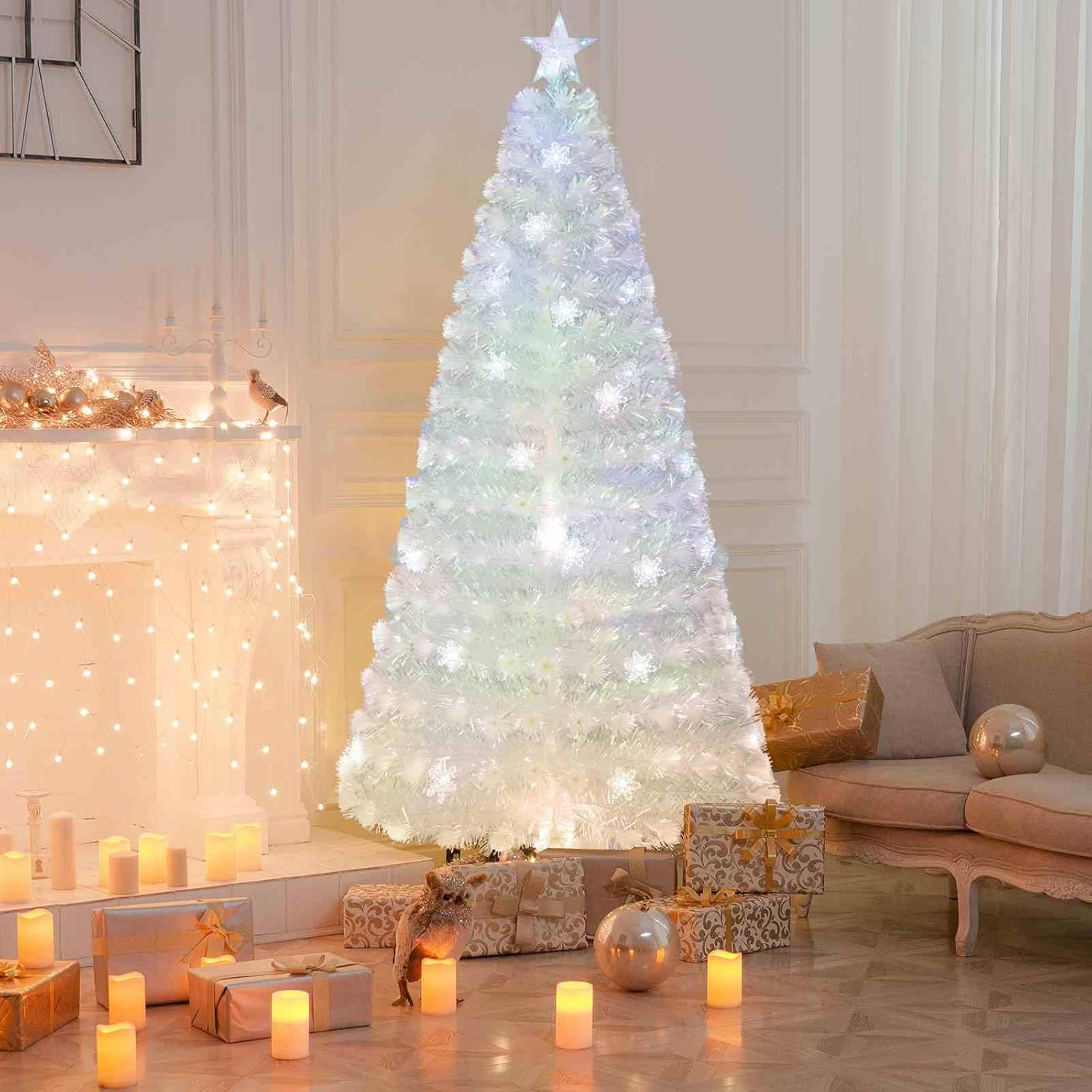 Costway 2.1M Artificial Fiber Optic Christmas Tree, White Pre-Lit Xmas Tree with 270 Branch Tips, Iridescent Leaves, Top Star Light, 48 Multi-Color Snowflake Lights for Party Home image number 1