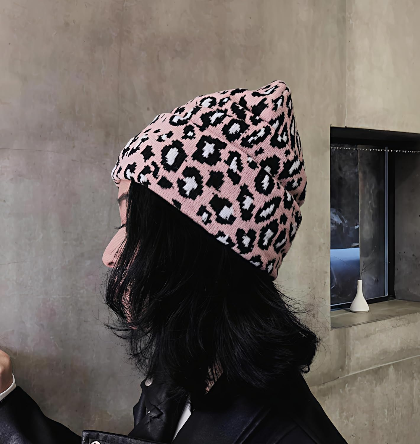 Women'S Leopard Print Beanie Hat - Stretchy Acrylic Knit Winter Warm Fleece Lined Cuffless Skull Cap for Women & Teens, One Size Fits Most (Pink/Brown) image number 1