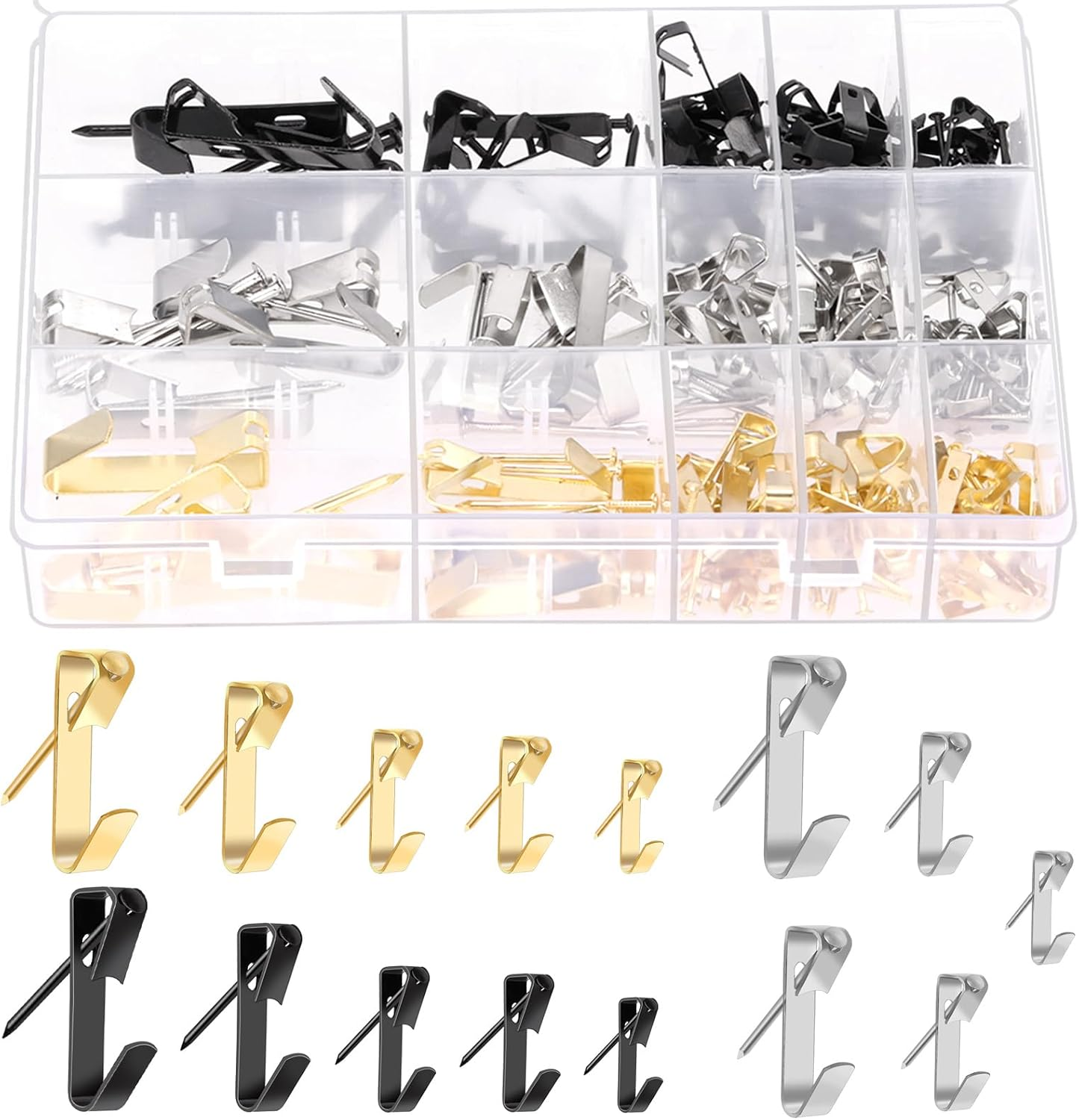 Swpeet 75Pcs 5 Sizes 10Lb/20Lb/30Lb/50Lb/100Lb Golden Picture Hangers with Nails Assortment Kit, Metal Picture Hanging Hooks, Heavy Duty Frame Picture Hooks, Picture Hanging Hardware for Drywall