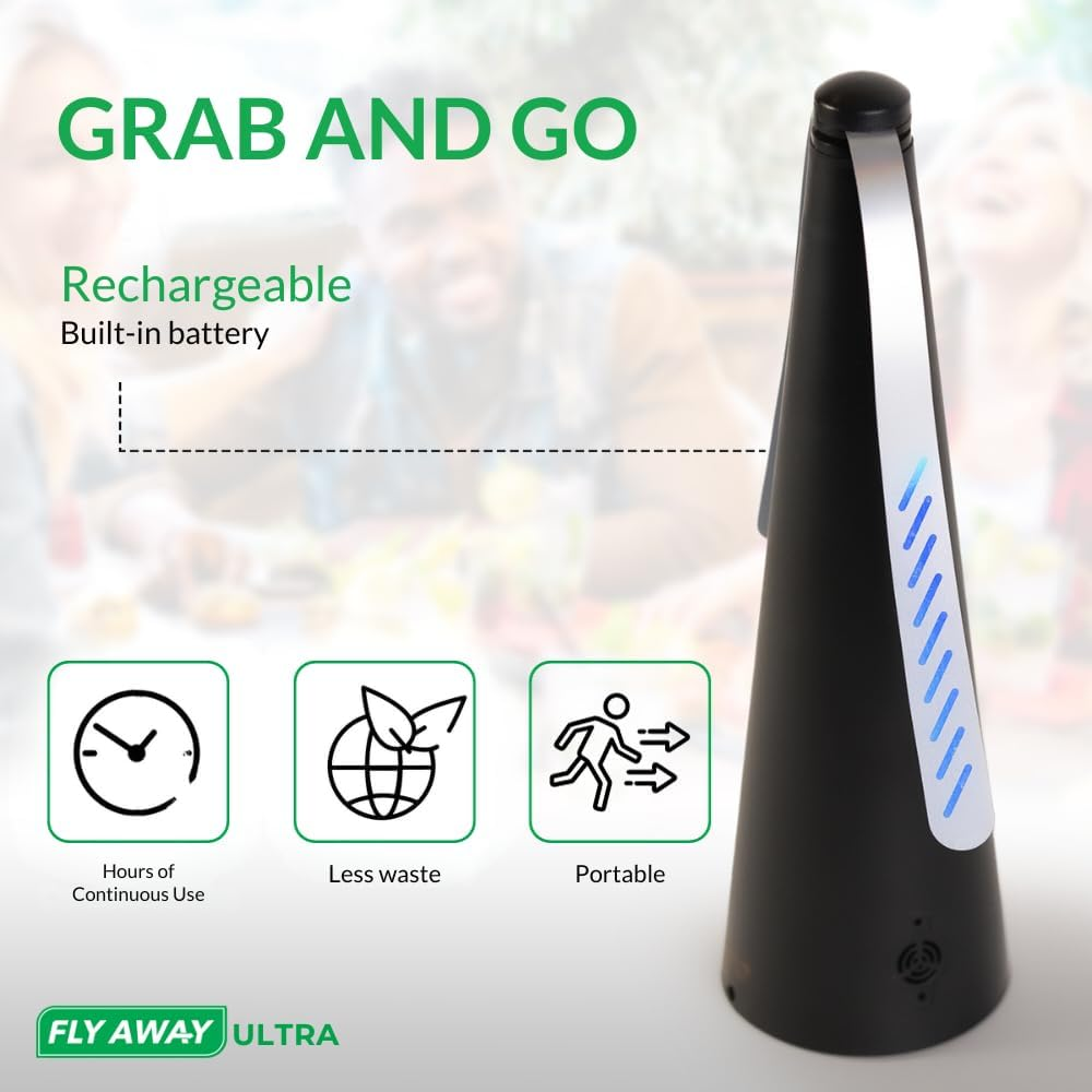 Fly Away Ultra - 2 Pack Rechargeable Outdoor Fly Fans for Tables with Ultrasound, Outdoor or Indoor Tabletop Use, Restaurant, Barbeque, Events, Deter Flies, Wasps, Bees, Moscas and Bugs, Hanging Hook. image number 6