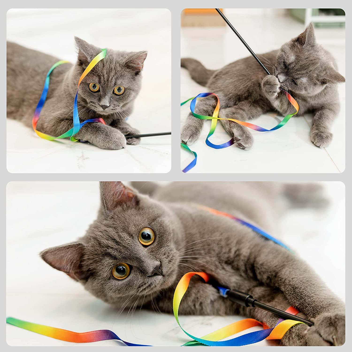 Cat Toys, Cat Rainbow Wand Toy Cat Teaser Toy, Interactive Cat Toy Wand Kitten Toys, Colorful Ribbon Charmer for Indoor Cats to Play Chase Exercise - 2PCS image number 4