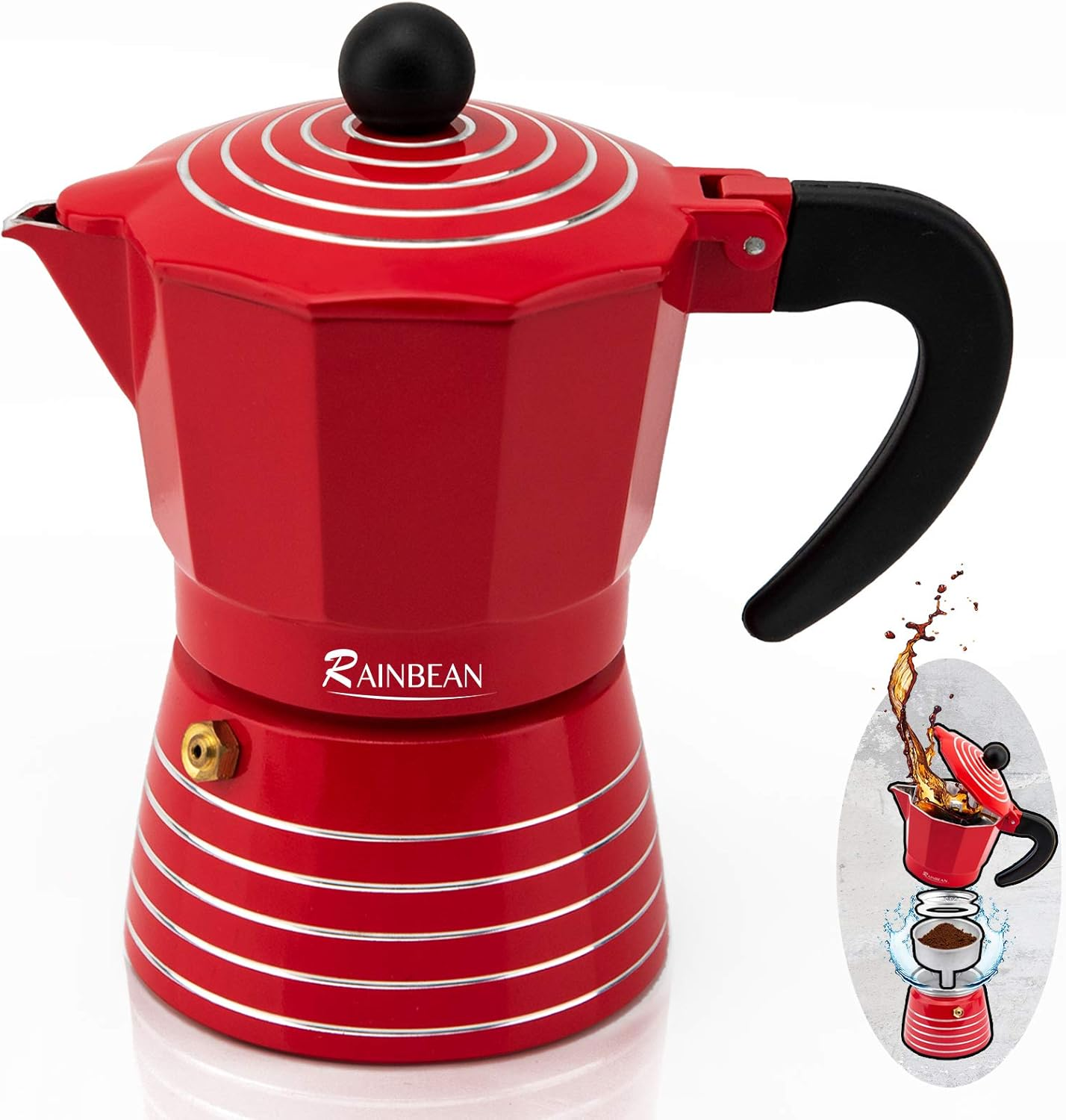 RAINBEAN Stovetop Espresso Maker 6 Cup Moka Pot,Italian Cuban Greca Coffee Maker,Aluminum Durable and Easy to Use & Clean,300Ml Red