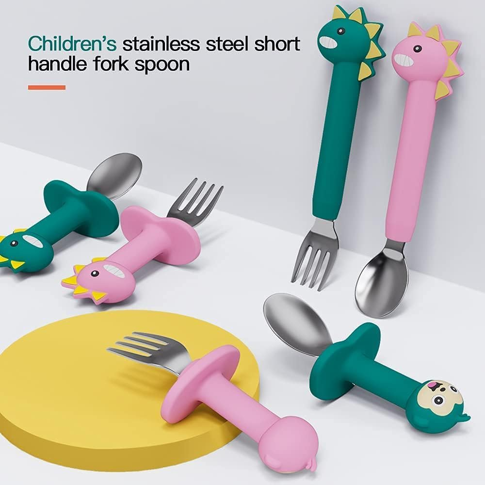 2 Pieces Toddler Utensils Stainless Steel Forks and Spoons Safe Children'S Cutlery Set, Handle Cartoon Cute for Baby, Silicone Holding Anti-Choke Design (Green Dinosaur) image number 4