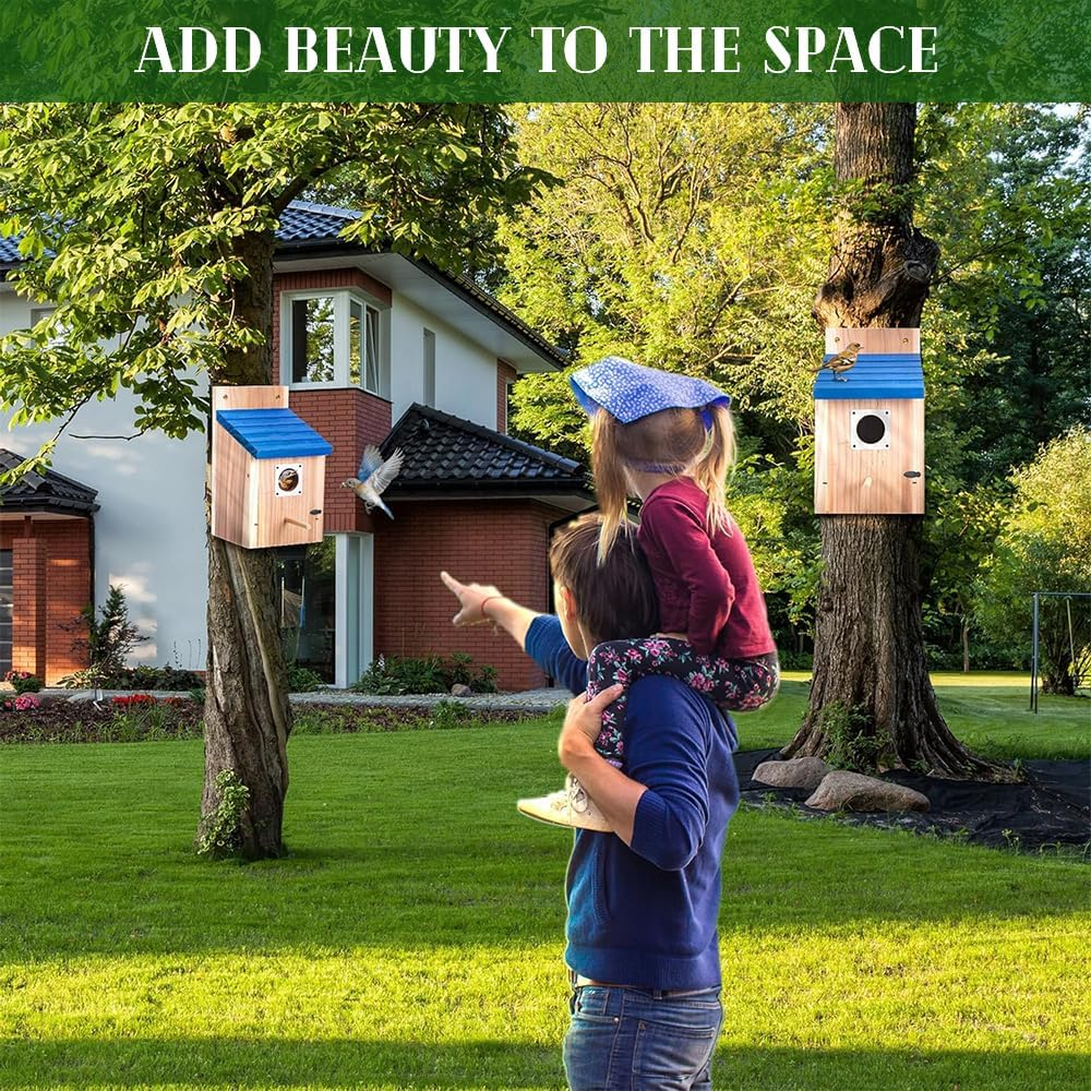 2 Pack Cedar Bluebird Box Houses for Outside,Tree Bird Nest Breeding Box,With Metal Guard,Garden Decoration Birdhouses,For Blue Bird,Sparrow,Chickadee,Wren image number 2
