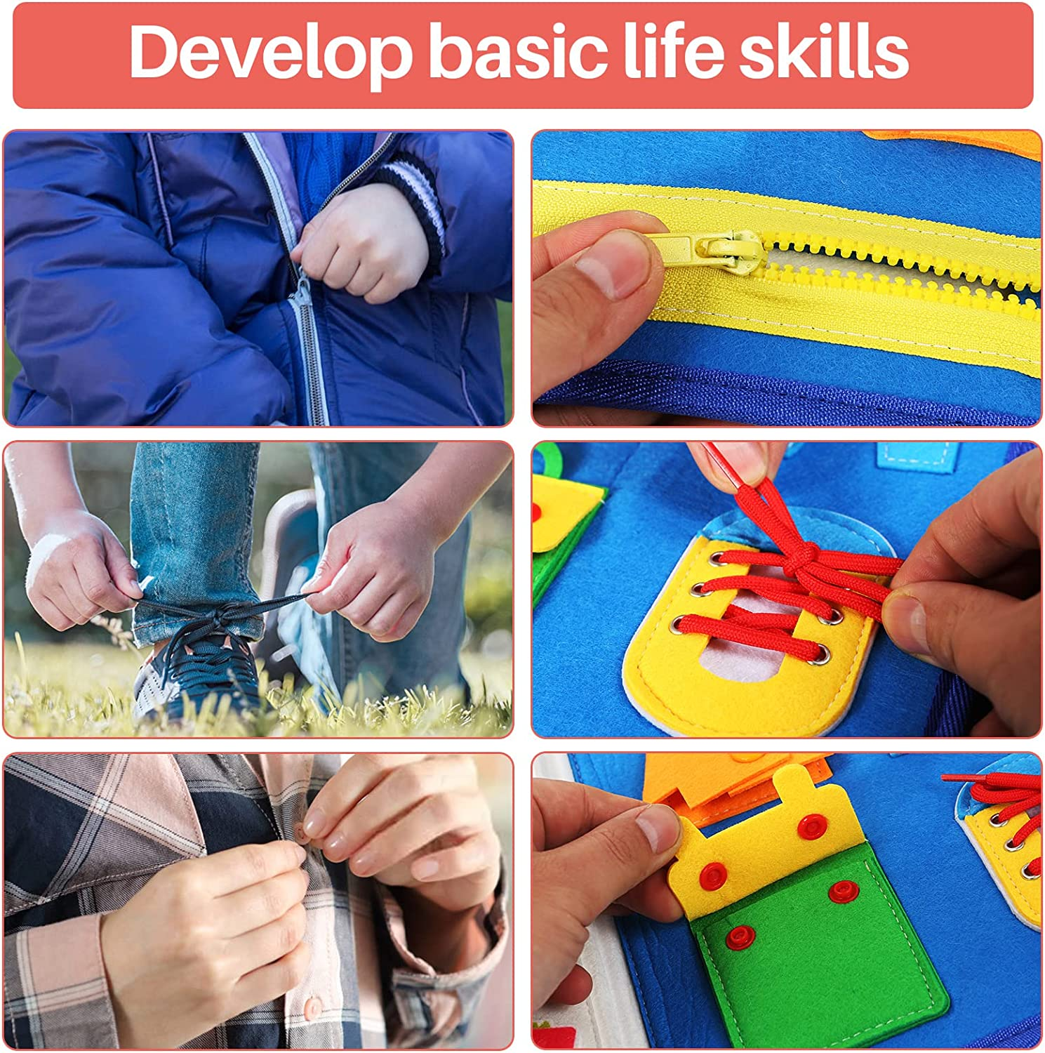 Coxedafi Busy Board for 1-5 Year Old Boys Girls, 5 Page Toddler Montessori Sensory Toys, Fine Motor Skills Learning Educational Preschool Travel Busy Book (Yellow) image number 3