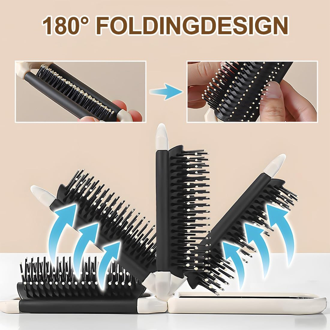 KIRZAX Foldable Travel Hair Brush, Pack of 2 Portable Hair Styling Combs, Hair Combs, Foldable Hair Brush with Mirror, Pockets Hair Comb, Hair Styling Comb for Men and Girls, Cream White image number 2