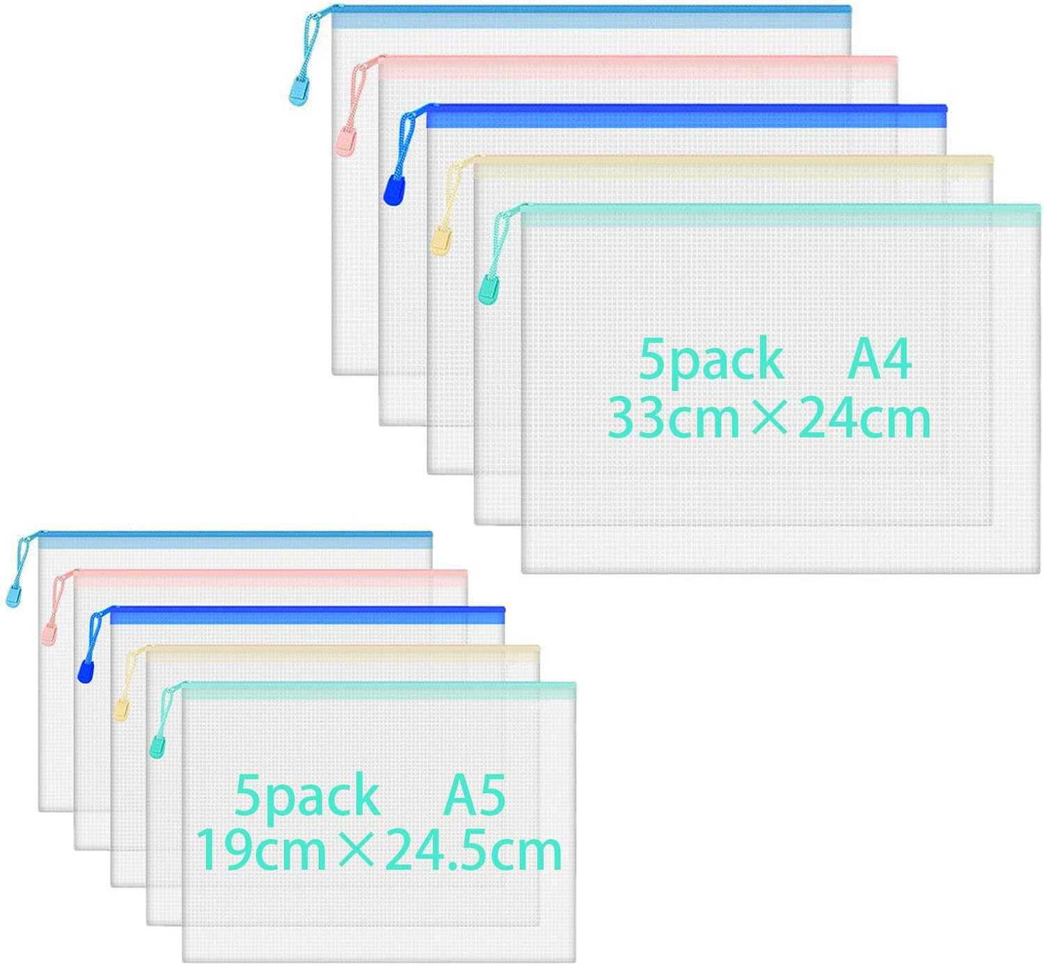 10PCS Mesh Zipper Pouch, 5PCS A4+5PCS A5 Mesh Bags, Waterproof Plastic Document Pouch, Zip File Folders, Document Storage Bag Organization for Travel School Office Supplies. image number 1