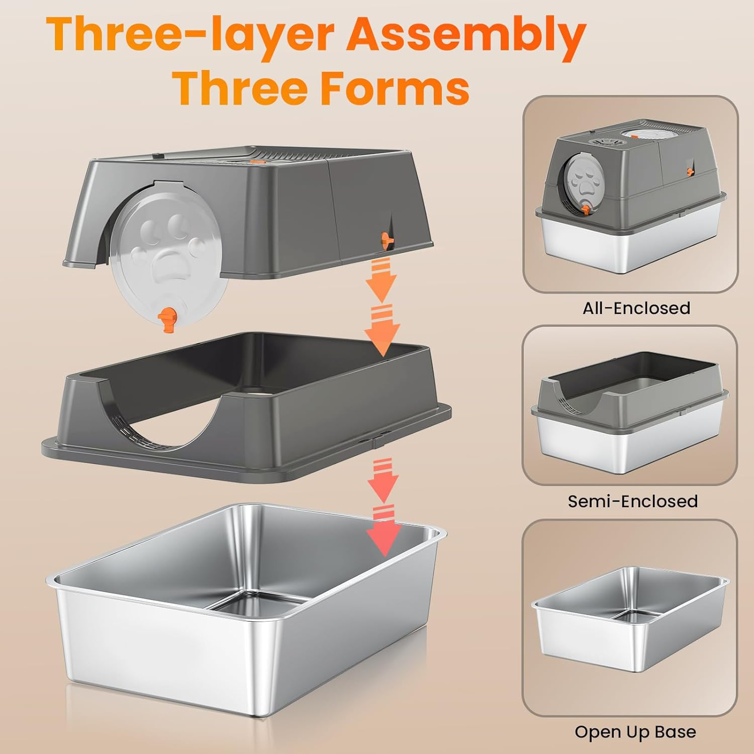 Extra Large Stainless Steel Litter Box with Lid 60L X 40W X 39H CM Cat Litter Tray with Quick Clean Flip-Top Enclosed Cat Litter Box with Litter Scoop Footboard and Mat Non-Sticky Odor-Resistant image number 3