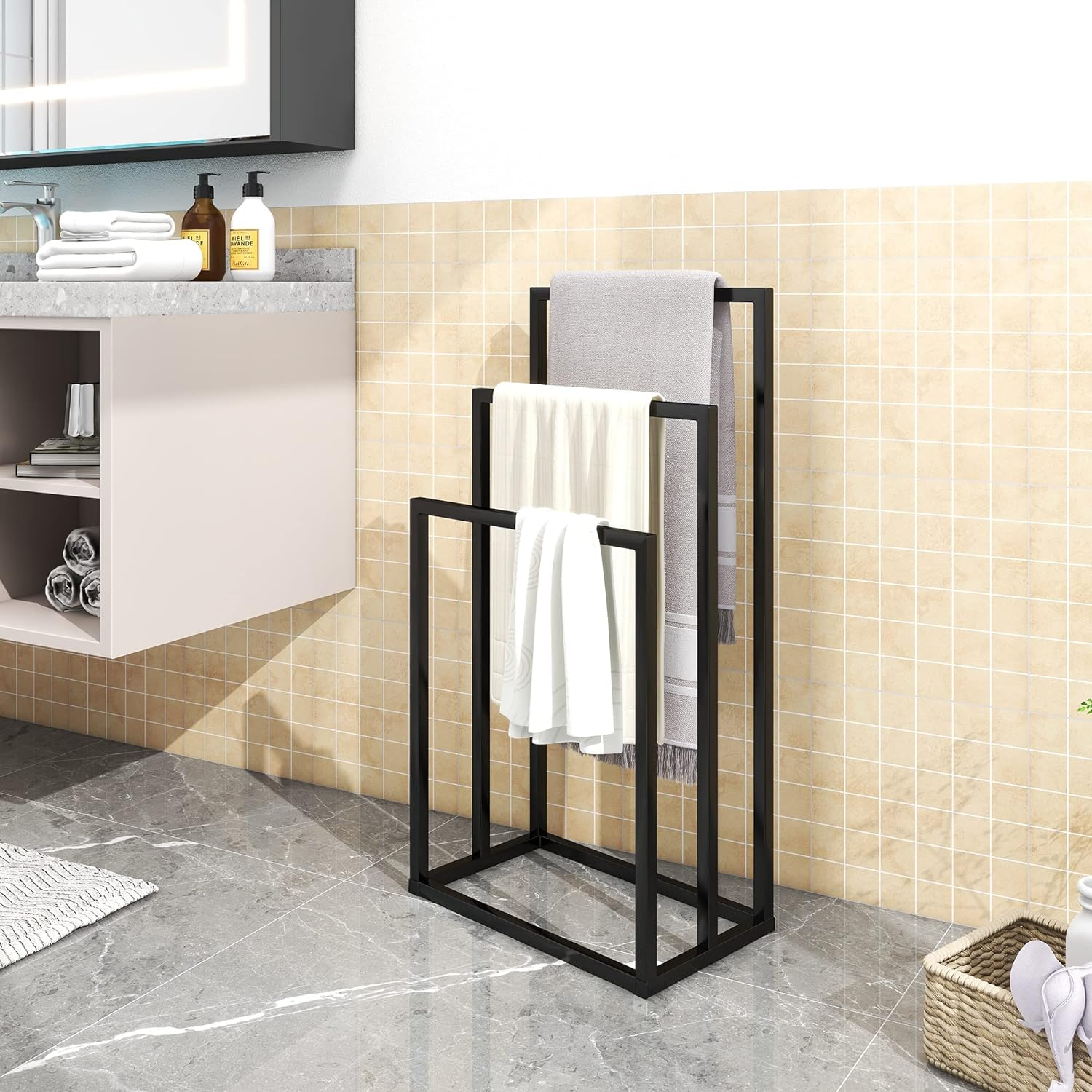 3 Tiers Freestanding Towel Racks for Bathroom, Metal Towel Rack Standing Towel Holder Drying Hand Towel Stand Holder, Black image number 1