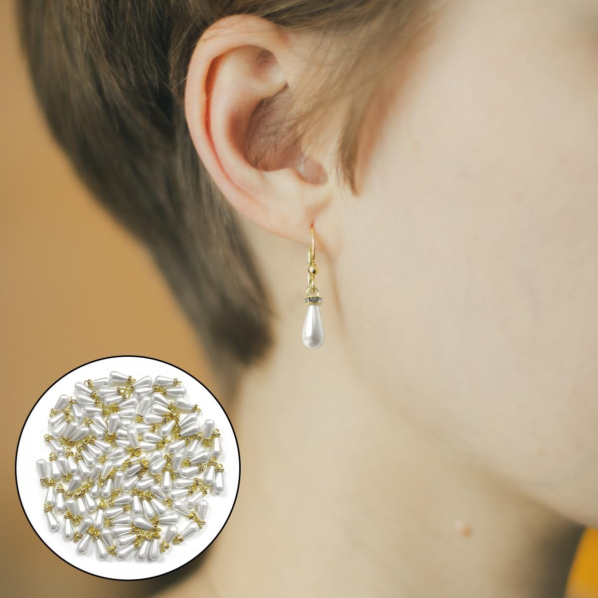 WELANE Drop Pearl Charms, 100 PCS Teardrop Shaped Pearl Pendant with Golden Edge and Rhinestones for Jewelry Making (8 X 15Mm) image number 3