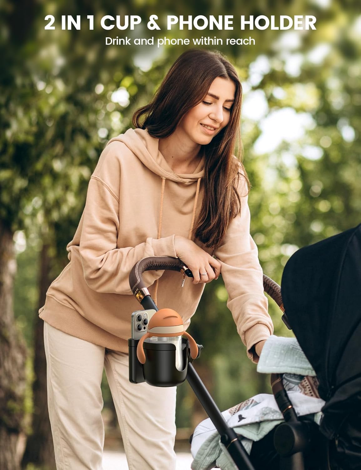 Lamicall Stroller Cup Holder with Phone Holder - Stable Anti-Slip Stroller Cup Holder Attachment for Uppababy, Nuna, Doona, 360&deg; Rotatable Stroller Accessories for Walker, Wheelchair, Bike, Scooter image number 4