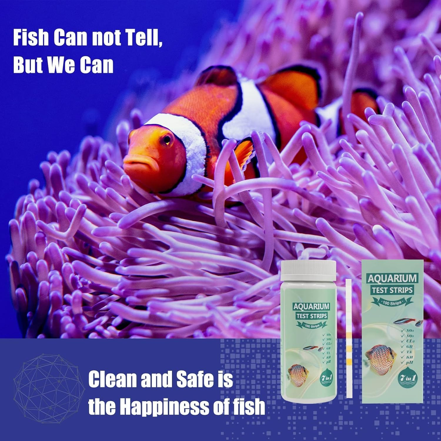 7 in 1 Aquarium Test Strips,100 Strips Fish Tank Test Kit for Testing Ph Nitrite Nitrate Chlorine General & Carbonate Hardness, Accurate Saltwater and Freshwater Aquarium Water Testing image number 2