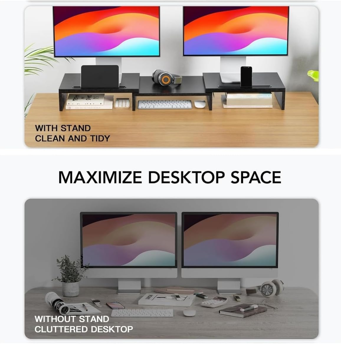 Dual Monitor Stand Riser with 3 Shelves, Adjustable Length and Angle, Ideal for PC, Computer, Laptop image number 3