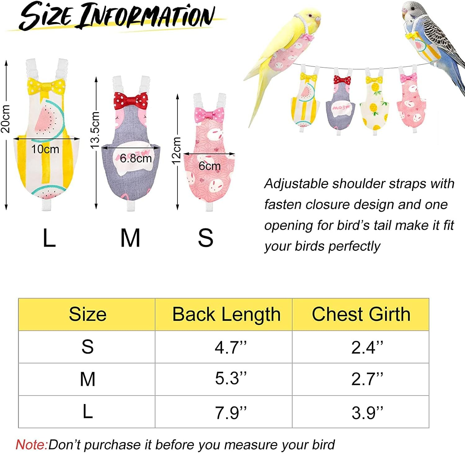 Namvo 4 Pieces Bird Diapers, Flight Suite Liners, Washable Reusable Protective Parrot Nappy Clothes with Waterproof Inner Layer Cute Urine Wet Suit for Parrot Macaw Budgies Parakeet M Size image number 1