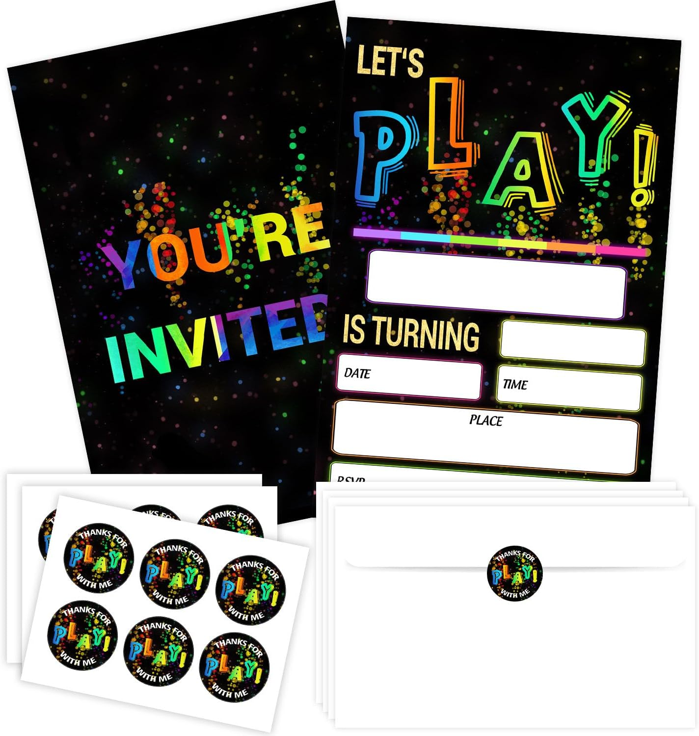 SHLINCO Glow Let'S Play Birthday Party Invitations for Boys Girls, Neon Party Invites for Kids, Double Sided Design(20 Cards + Envelopes)