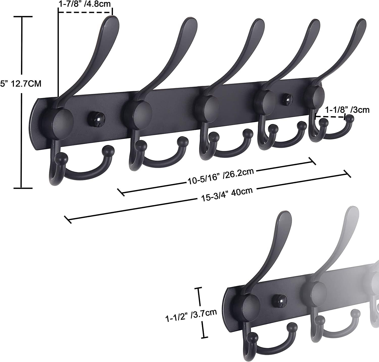 Coat Rack Wall Mounted Wall Hanger,5 Tri Hooks, Heavy Duty, Stainless Steel, Metal Coat Hook Rail for Coat Hat Towel Purse Robes Mudroom Bathroom Entryway(Matte Black,2 Packs) image number 2