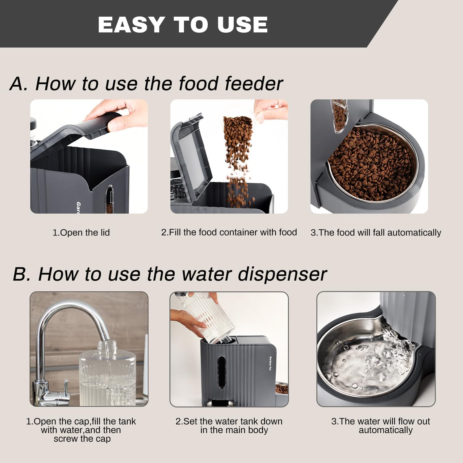 Gardner Pet Automatic Gravity Cat Food Feeder and Water Dispenser Stainless Steel Two-In-One Set Large Capacity Dispenser for Pets Dogs, Puppies, Kittens, Rabbits image number 3