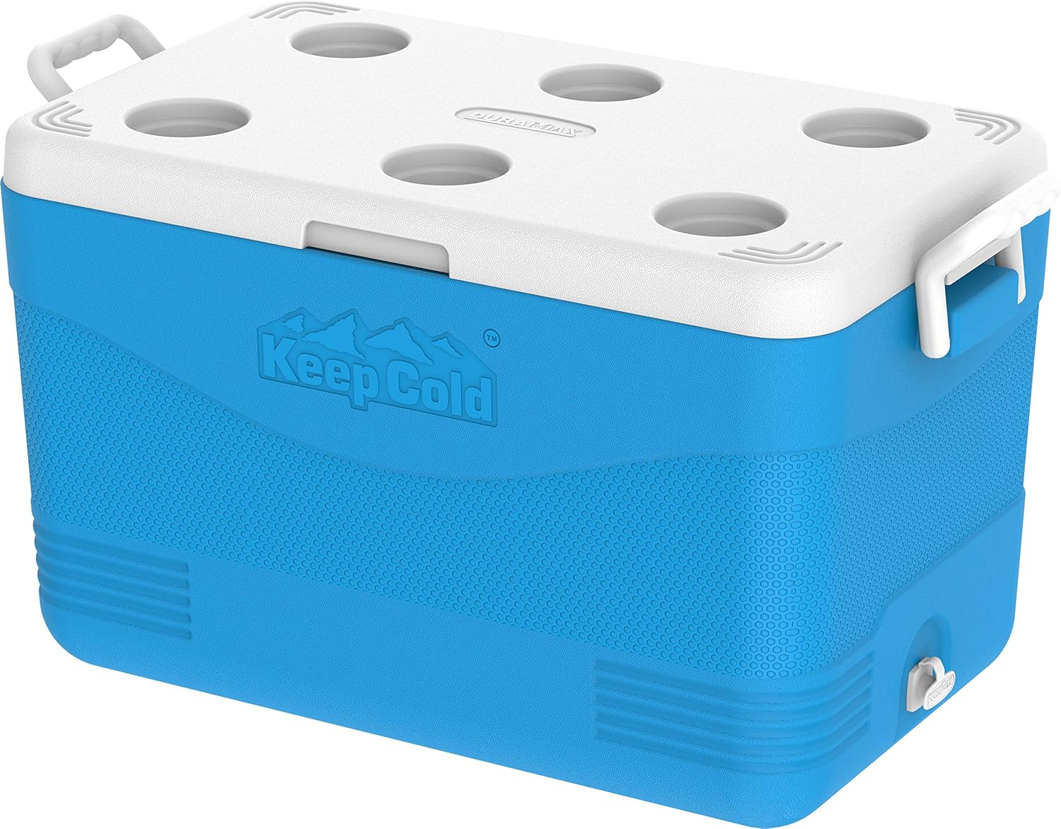 Duramax Picnic Icebox 60L, High Performance Cool Box with PU Insulation, Portable Cooler, 4 Days of Ice Retention, Side Handles with Secure Lid Locking & Cup Holders, Durable Cooler Box, Light Blue