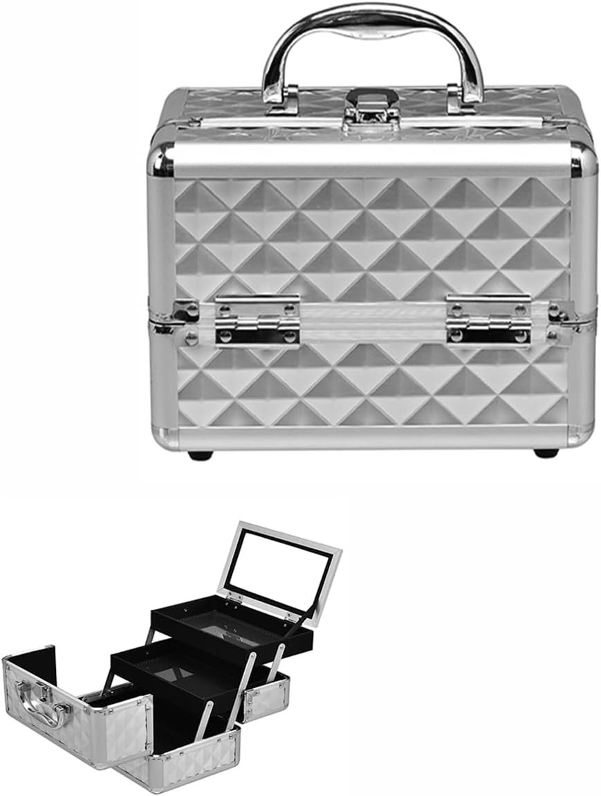 Cosmetic Beauty Case, Portable Lockable Makeup Jewelry Organizer, Travel Makeup Storage Box W/Mirror, Diamond Rose Gold, for Home Travel Gift (Black)