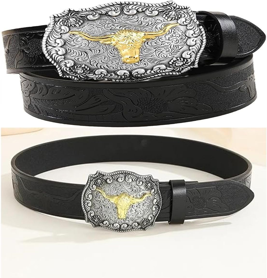 Men'S Western Cowboy Leather Belt with Long-Horned Cow Flower Carving Buckle - Perfect for Jeans image number 3