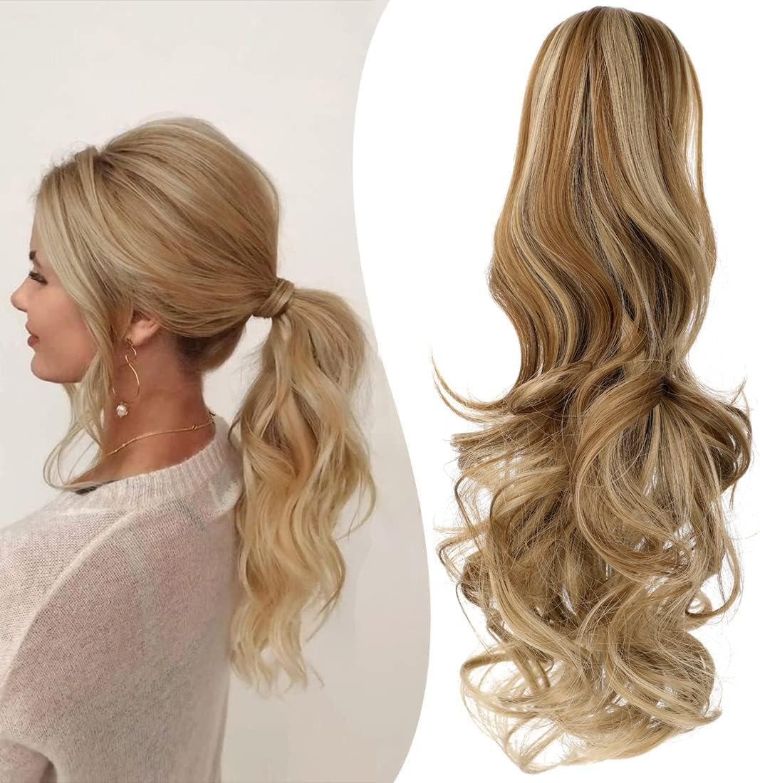 Claw Clip Ponytail Extension 18" Clip in Wavy Ponytail Hair Extensions Long Pony Tails for Women Extensions Light Chestnut Brown Wave Hairpiece(Light Brown)