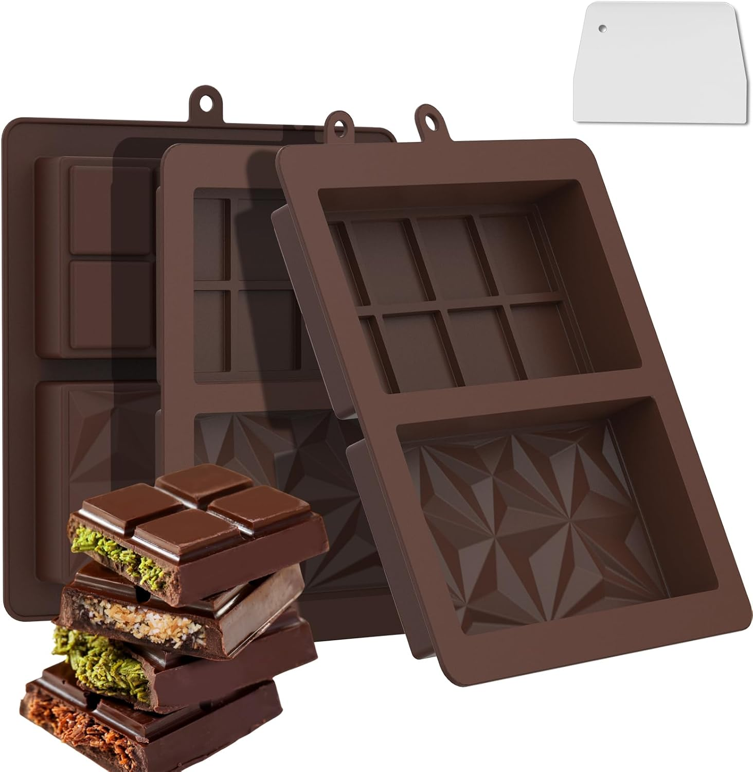 Bighan 3 Pack Chocolate Molds, Chocolate Bar Molds Large and Thick Silicone Chocolate Mold Deep Chocolate Bar Mould Food Grade Silicone Deep Chocolate Bar Mold Kitchen Baking Mould with a Scraper image number 1