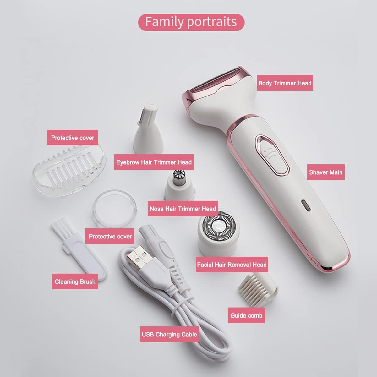 Electric Razor for Women,Hair Trimmer for Face Nose Eyebrow Beard Mustache Arm Leg Armpit Bikini,Painless Rechargeable Portable 4 in 1 Womens Body Shavers Set image number 4