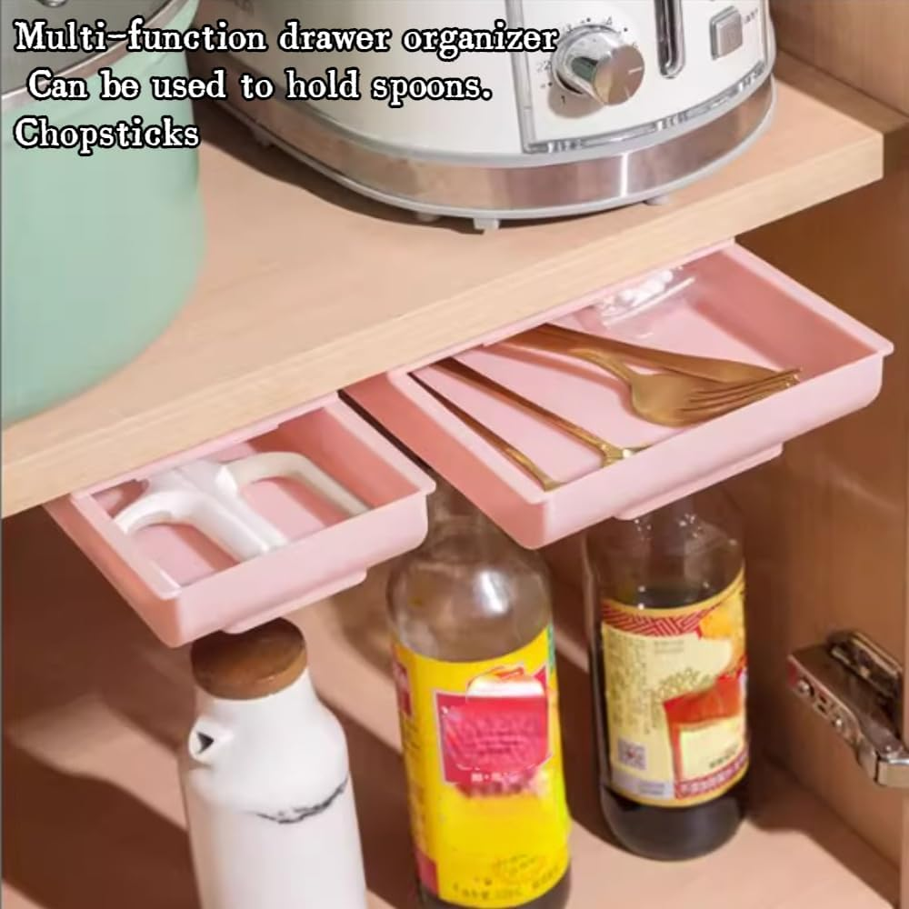 Frafuo 2 Pcs Adhesive Pull Out Drawers for Cabinets-Under Desk Drawer Organiser Tray-Plastic Hidden Drawer Storage-Slide Out under Desk Drawer-Adhesive Hidden Desktop Organizer (White,L+M) image number 3