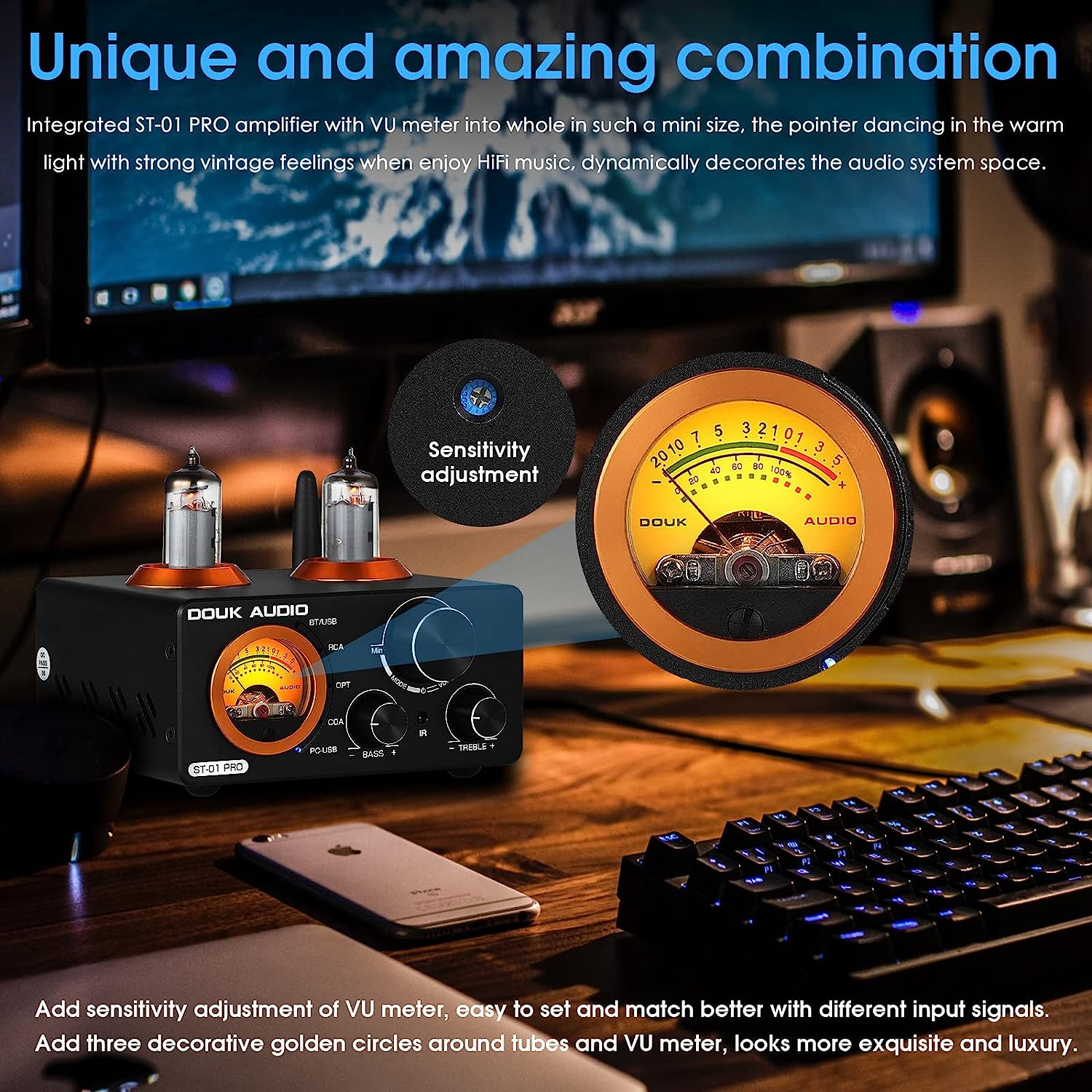 Douk Audio ST-01 PRO 200W Bluetooth Amplifier, 2 Channel Vacuum Tube Power Amp with USB Dac/Coaxial Optical Inputs/Vu Meter/Treble Bass Control for Home Theater/Stereo Speakers (Upgrade Version) image number 4