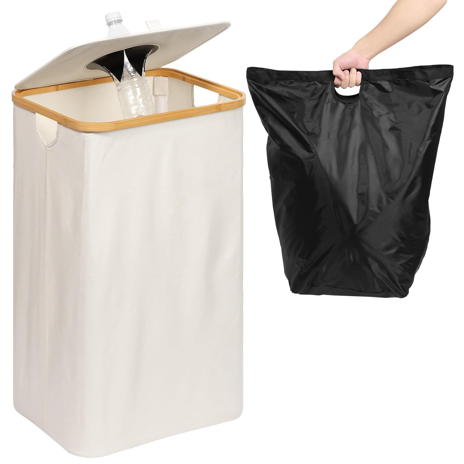 110L Recycling Bin with Lid, Kitchen Recycling Bin with Reusable Inner Bag, Large Capacity Recycle Bin, Foldable Recycling Storage Container, Removable Recycle Bottle Bin for Bottle Jar Glass(White) image number 1