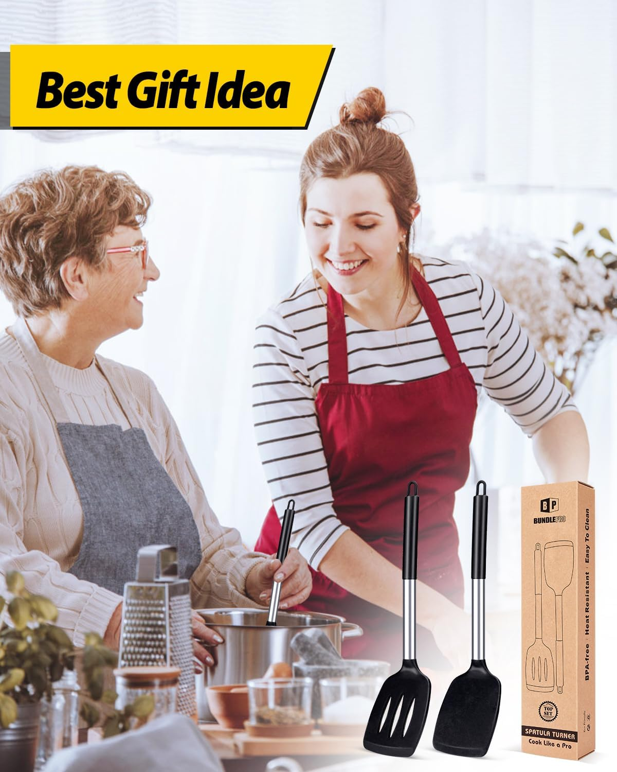 Pack of 2 Silicone Solid Turner,Non Stick Slotted Kitchen Spatulas,High Heat Resistant BPA Free Cooking Utensils,Ideal Cookware for Fish,Eggs,Pancakes (Black) - Blue image number 4