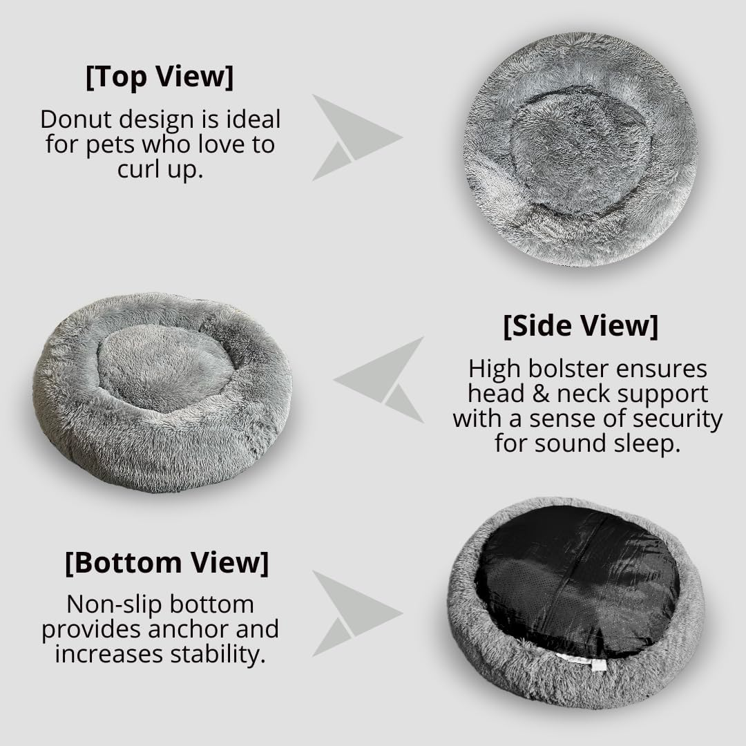 Calming Dog Bed and Cat Bed, Donut Dog Bed Large, Recycled (GRS) Material, Extra Long Plush, Fuller Bolster and Cushion, Anti-Slip Bottom, Machine Washable Dog Bed [Large/Gy] image number 4