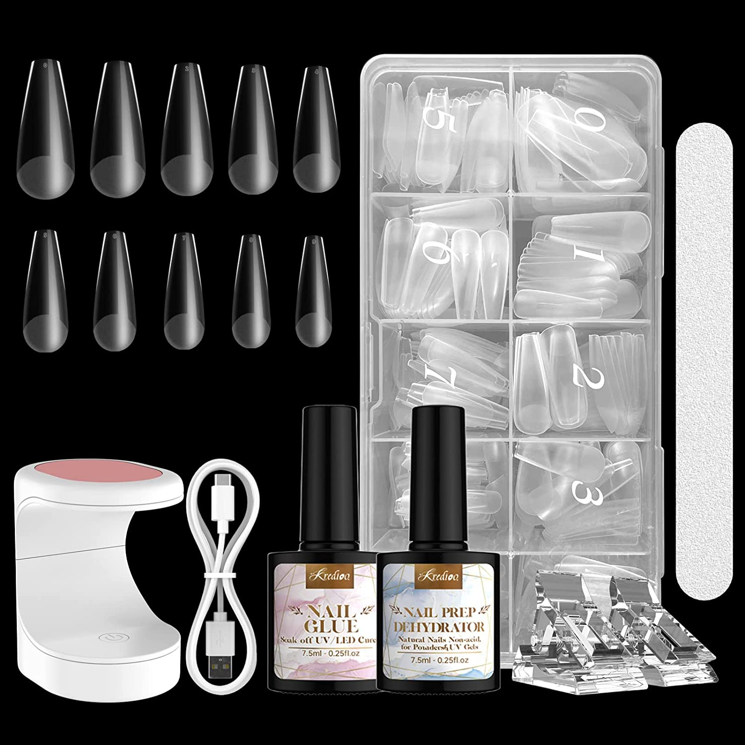 Kredioo Gel X Nail Kit Glue and False Tips Easy Extension with UV Nail Lamp, Glue Gel, 500PCS Coffin Nails, Dehydrator Easy DIY Starter Set image number 2