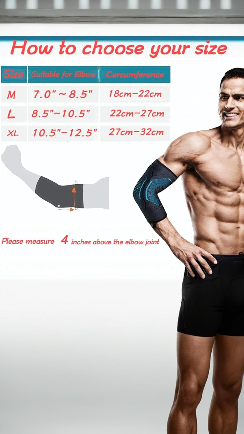 Honwor 2-Pack Elbow Brace Compression Sleeves for Men and Women - Tendonitis, Tennis Elbow, Weightlifting, Sports, Arthritis Support (Blue Black, Medium) image number 6