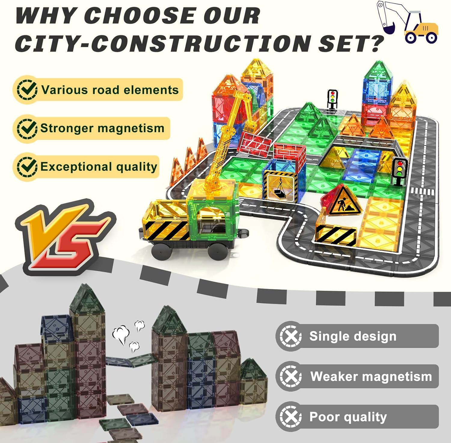 Kids Games Magnetic Tiles Road Set with Extendable Magnetic Crane, City Construction Building Toys for Toddlers STEM Preschool Toys Ages 4-6 5-7, Gifts for 3+ Year Old Boys Girls Kids Toys with Car image number 1