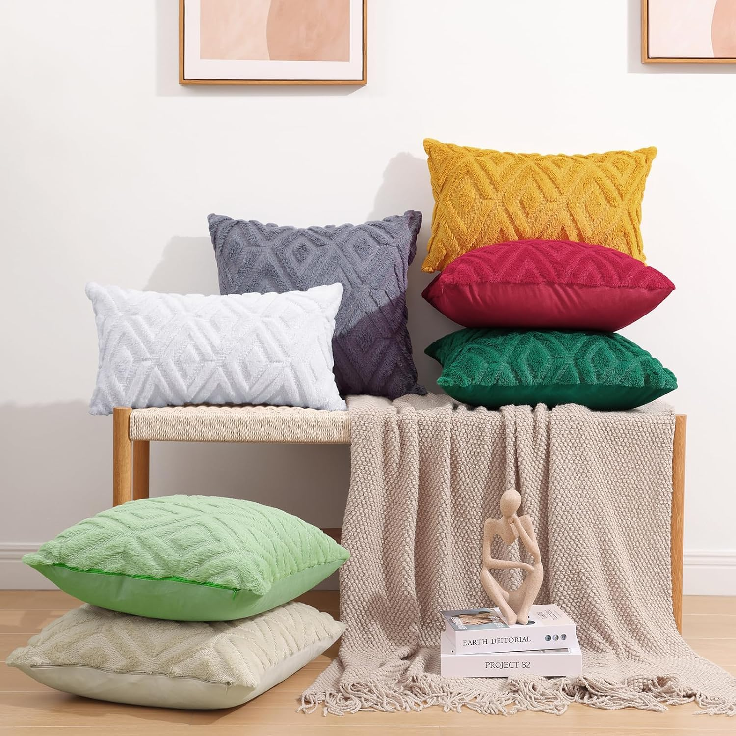 2Pcs Soft Faux Fur Throw Pillow Covers 18X18 - Plush Short Wool Velvet Decorative Pillow Covers - Couch Sofa Pillow Covers for Living Room - with 3D Diamond Pattern (Red) image number 5