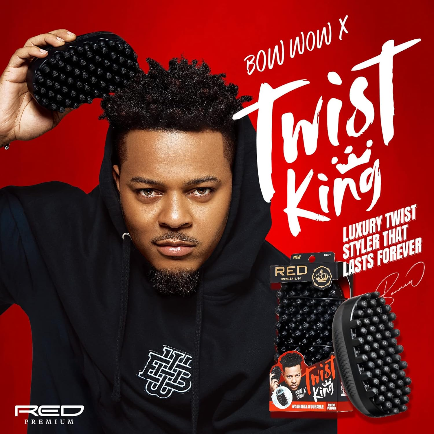 RED by Kiss Bow Wow X Twist King -Premium Luxury Twist Styler Brush with Large Styling Pik, Durable Washable Afro Curl Sponge Racket for Barbers and Daily Use, Ideal for Curly, Coiled, 4C Hair image number 5