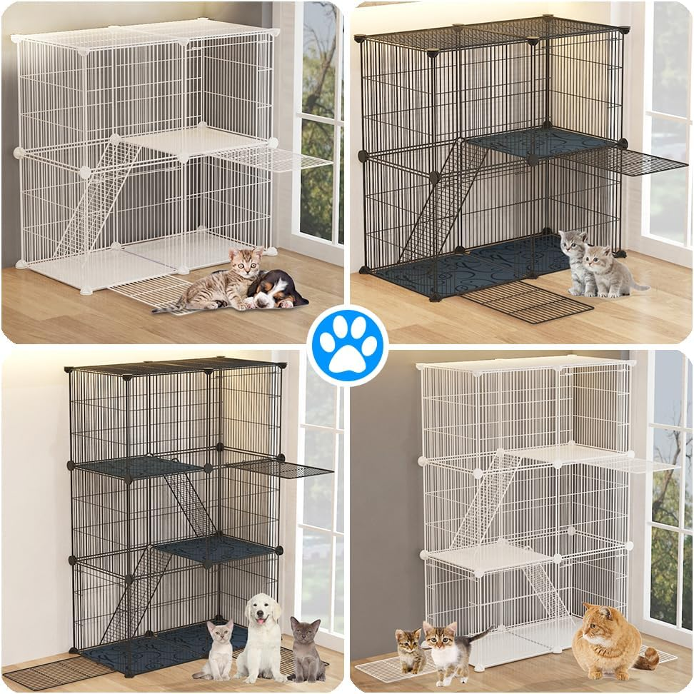 Cat Cage,Portable Metal Wire Mesh Grid Density Detachable Outdoor & Indoor Enclosure with Ladders,Cat Exercise Crate for Kitty,Puppy,Rabbits and Small Animals (Black, 2 Tier & 2 Doors) image number 3